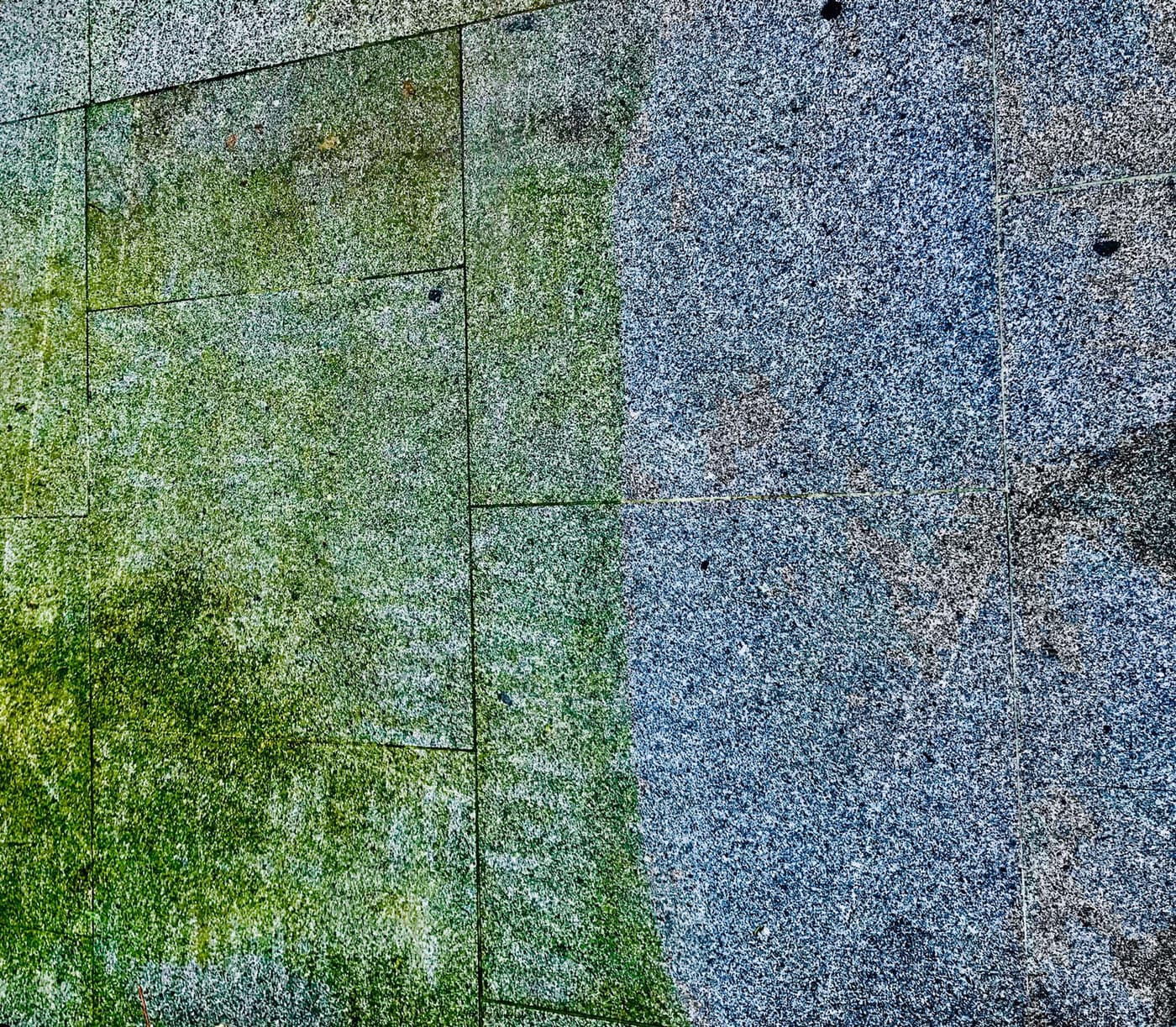 Grijze terrastegels: rechts gereinigd, links nog volledig groen van de algen