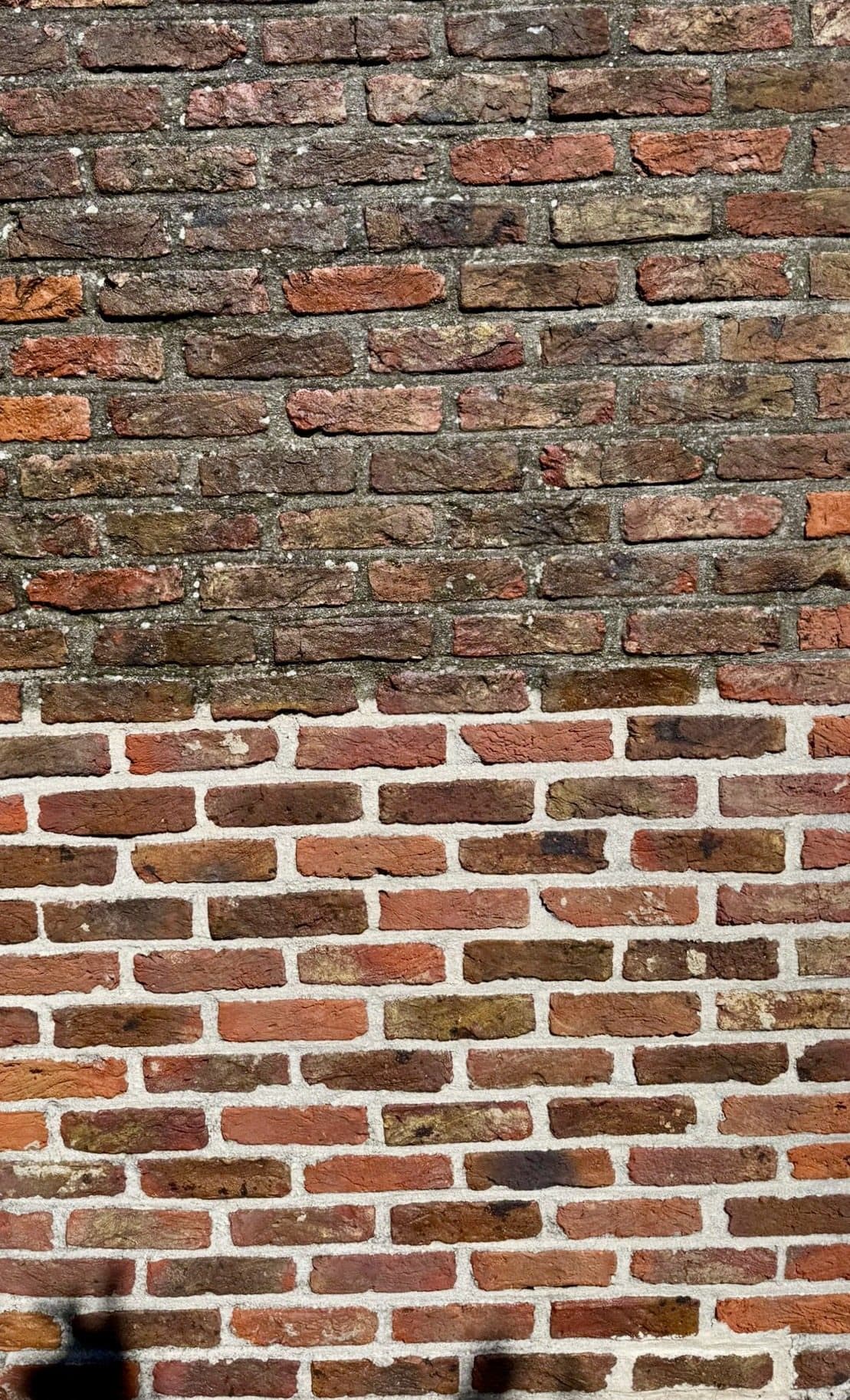 Bakstenen gevel waarvan het onderste deel gereinigd is en het bovenste deel nog vervuild